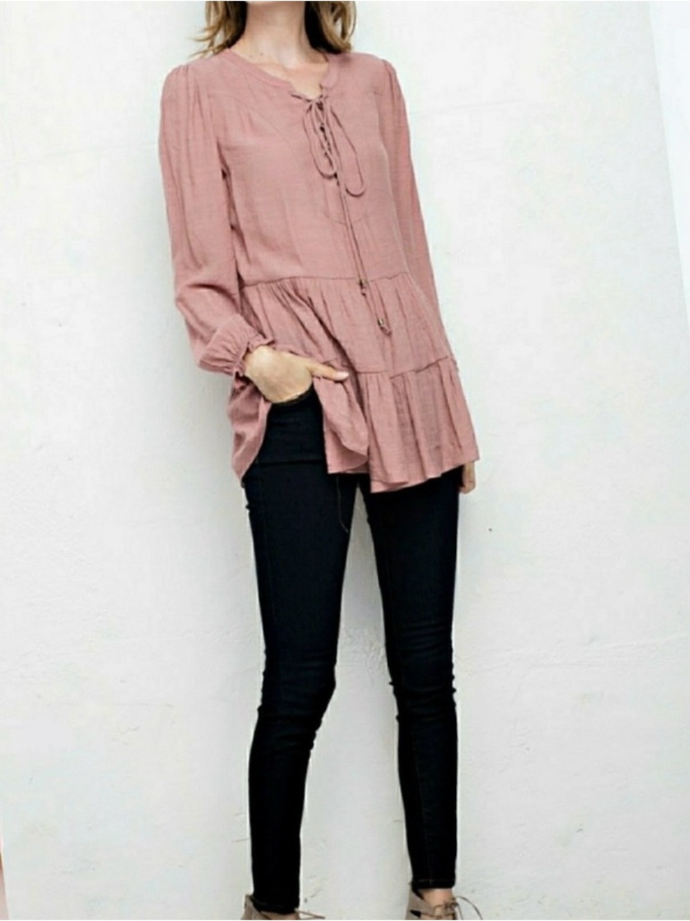 Women's Mauve Peasant Tie-Front Blouse